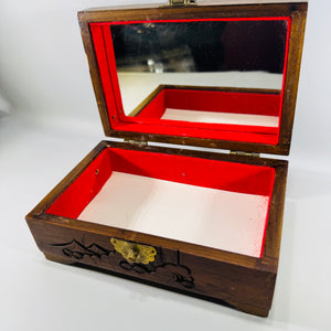 Vintage Carved Wood Jewelry Box with Mirror | Red Interior Keepsake Box