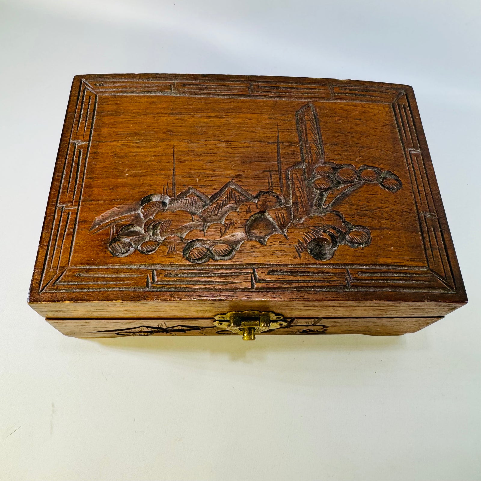 Vintage Carved Wood Jewelry Box with Mirror | Red Interior Keepsake Box