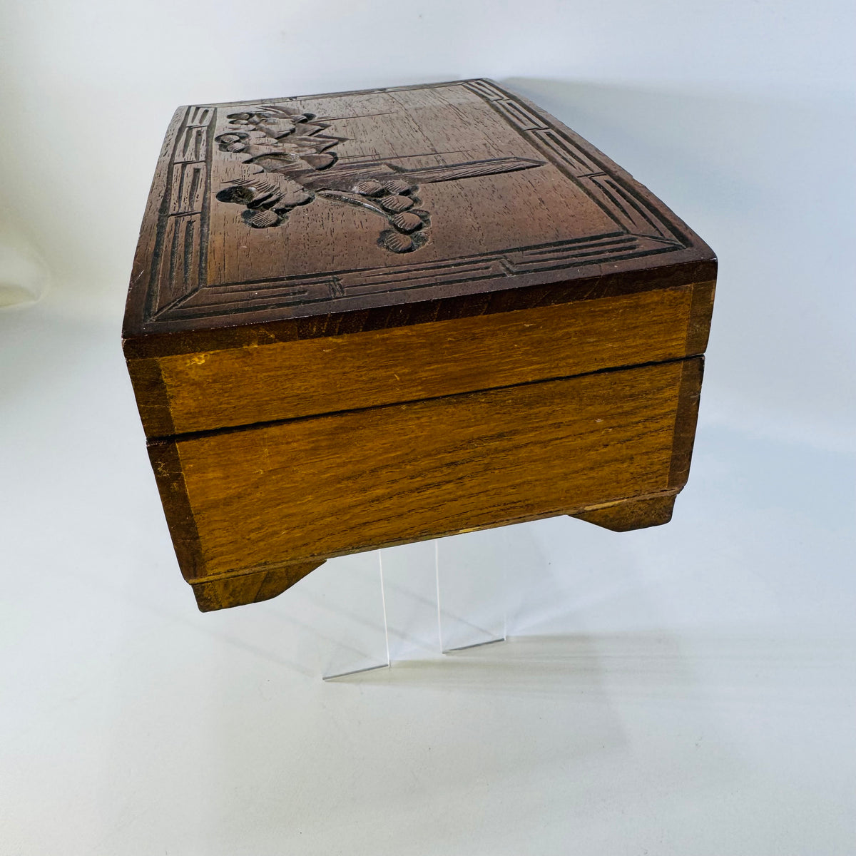 Vintage Carved Wood Jewelry Box with Mirror | Red Interior Keepsake Box
