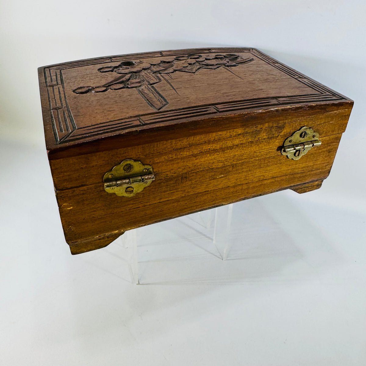 Vintage Carved Wood Jewelry Box with Mirror | Red Interior Keepsake Box