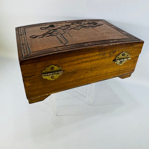 Vintage Carved Wood Jewelry Box with Mirror | Red Interior Keepsake Box