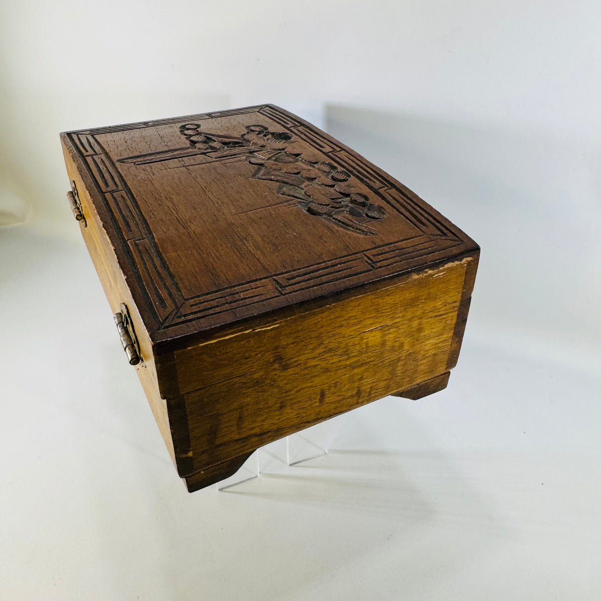Vintage Carved Wood Jewelry Box with Mirror | Red Interior Keepsake Box