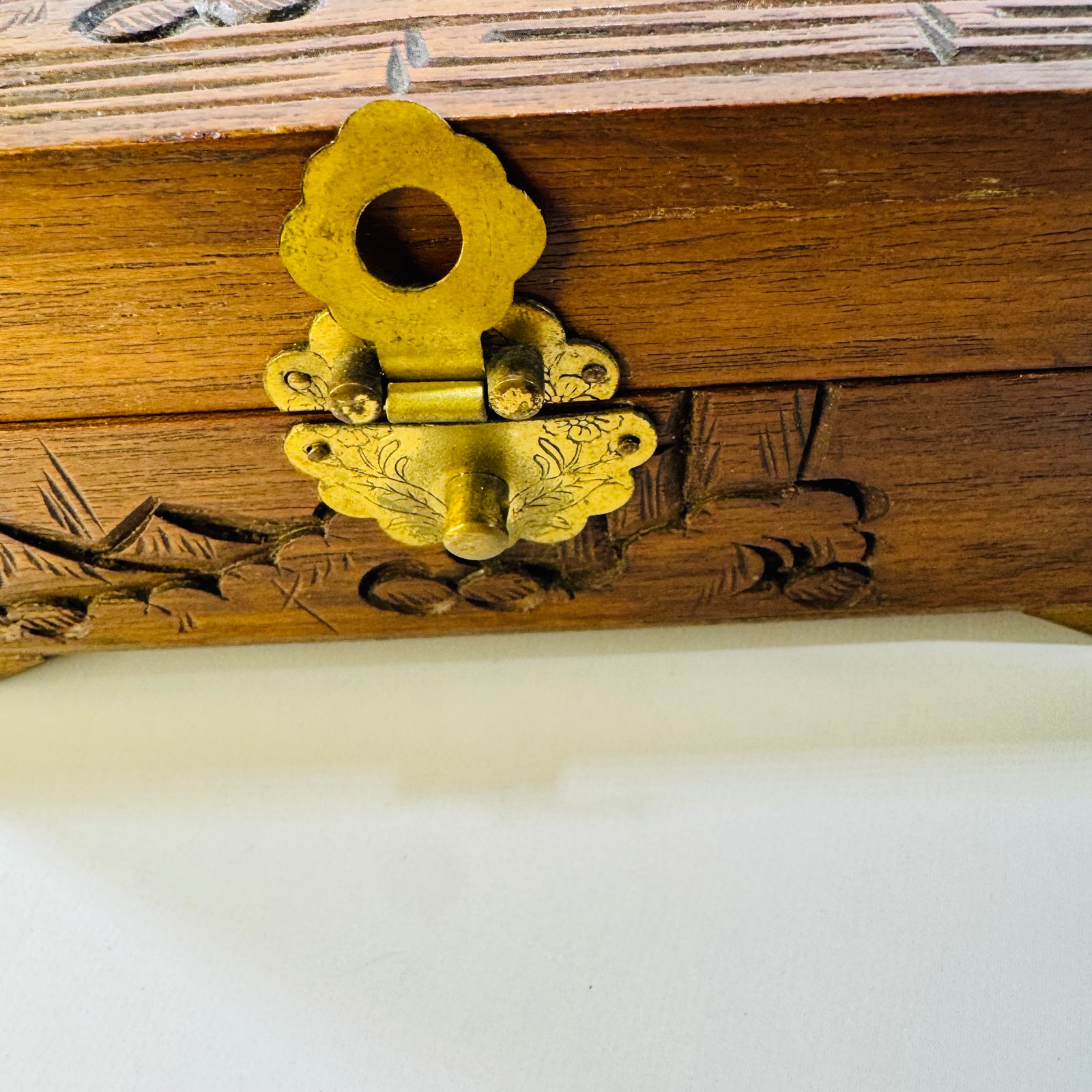 Vintage Carved Wood Jewelry Box with Mirror | Red Interior Keepsake Box