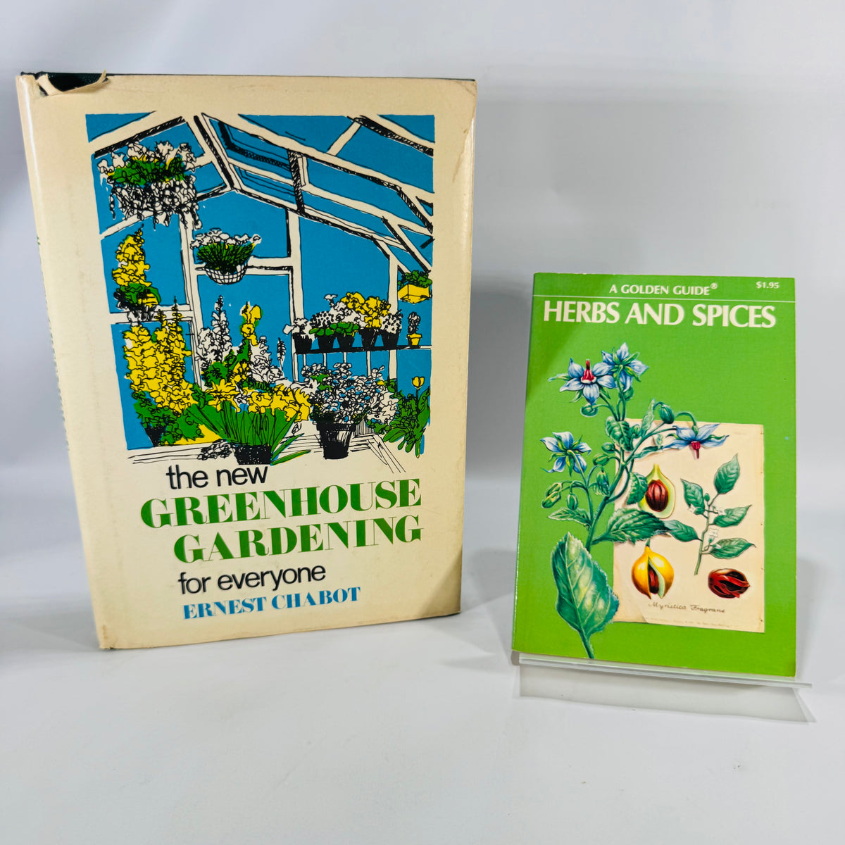 Greenhouse Gardening &amp; Herbs Duo — The New Greenhouse Gardening for Everyone (HC/DJ, 1955/Gramercy) + Herbs and Spices Golden Guide (1976 PB) | Gardening &amp; Herb Reference