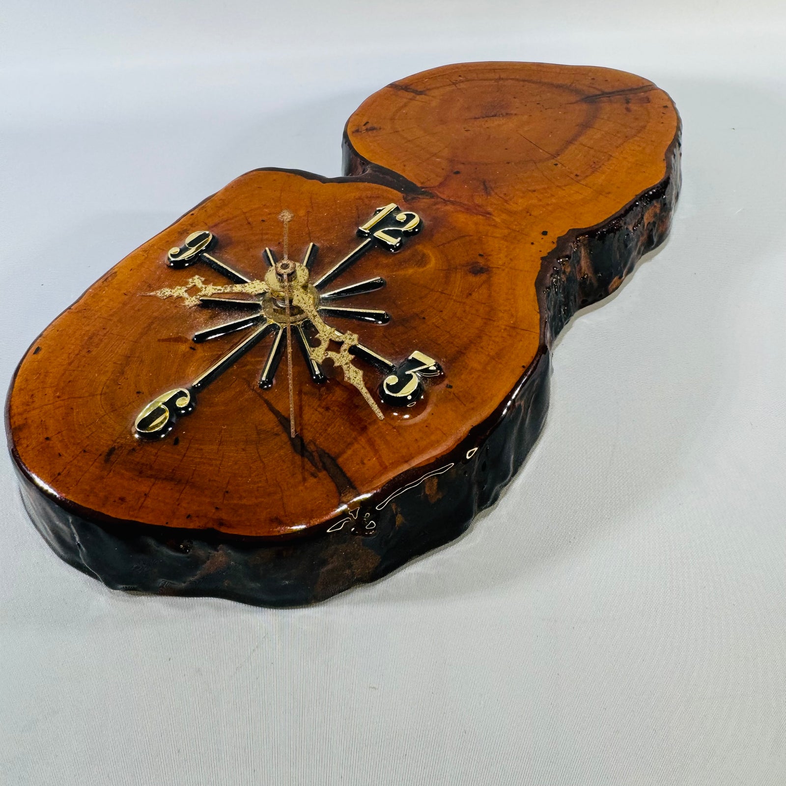 Vintage Live Edge Wood Slab Wall Clock | Rustic Lacquered Wood Clock
