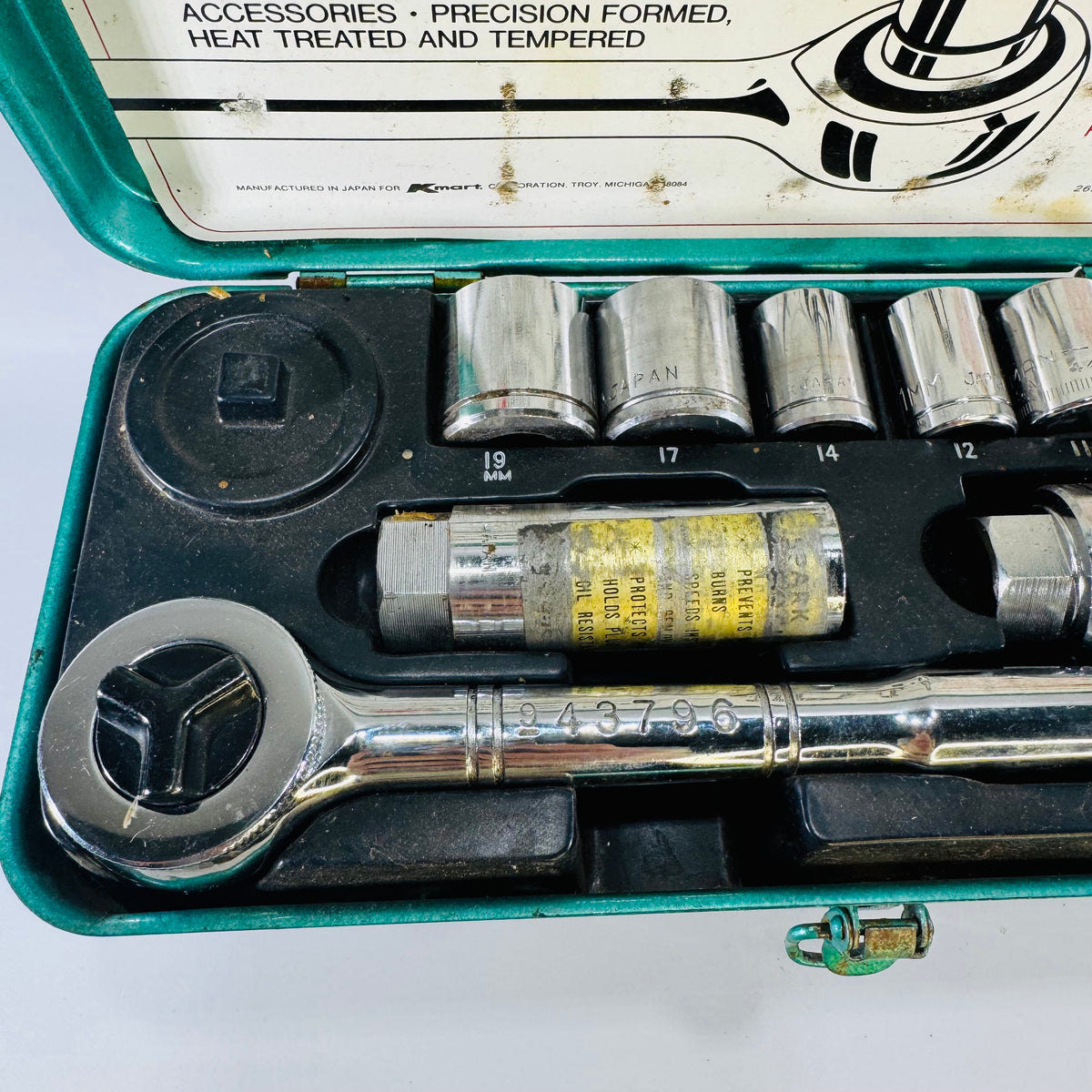 Vintage Kmart 13-Piece 3/8" Drive Metric Socket Wrench Set in Green Metal Case