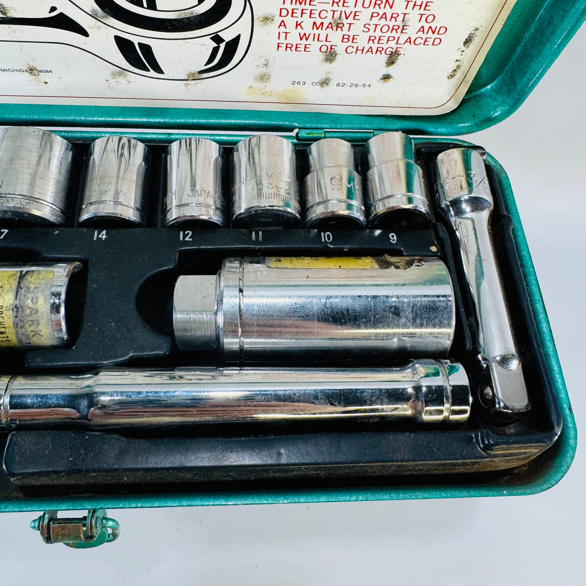 Vintage Kmart 13-Piece 3/8" Drive Metric Socket Wrench Set in Green Metal Case