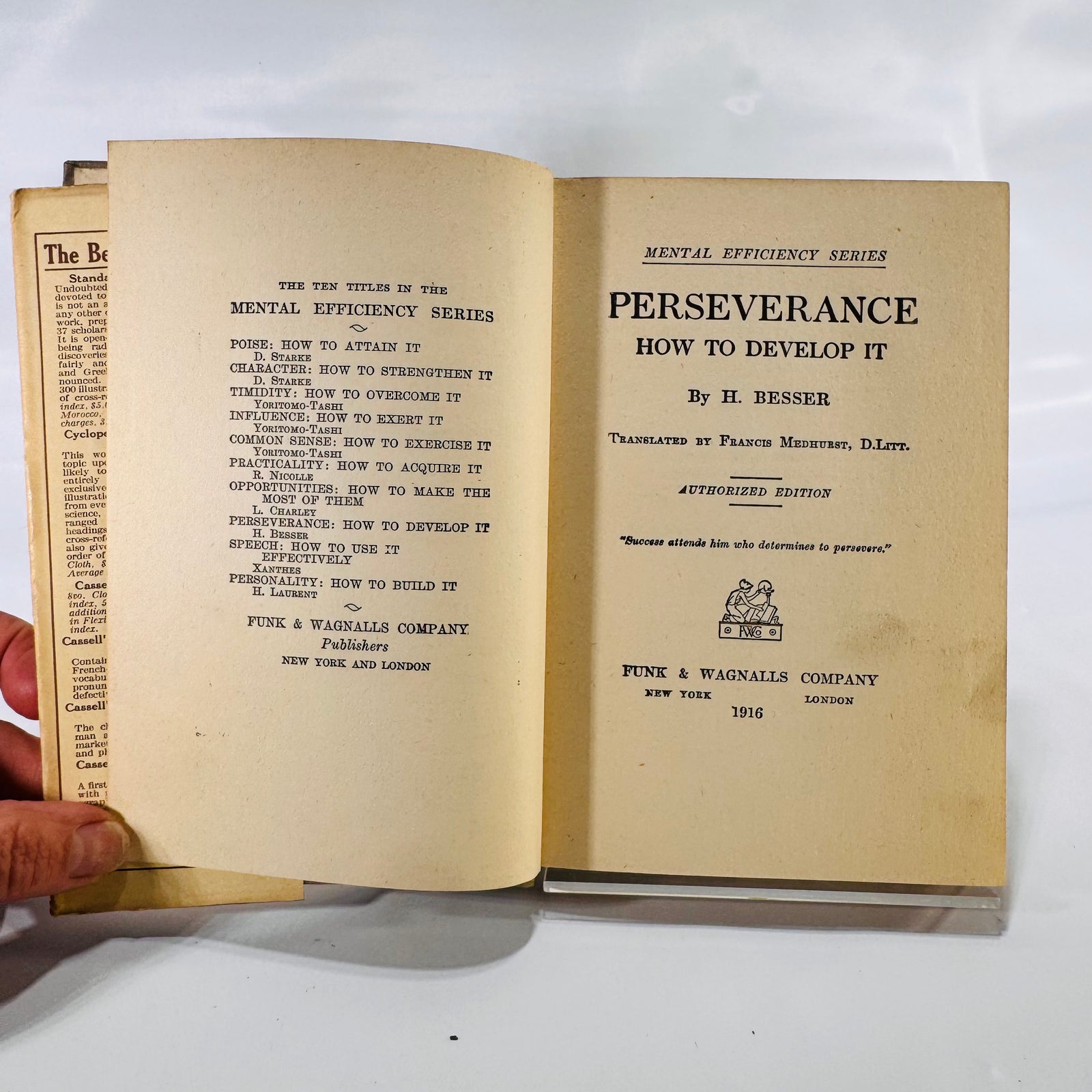 Perseverance: How to Develop It by H. Besser (1916), Funk & Wagnalls Company, Hardcover with Dust Jacket