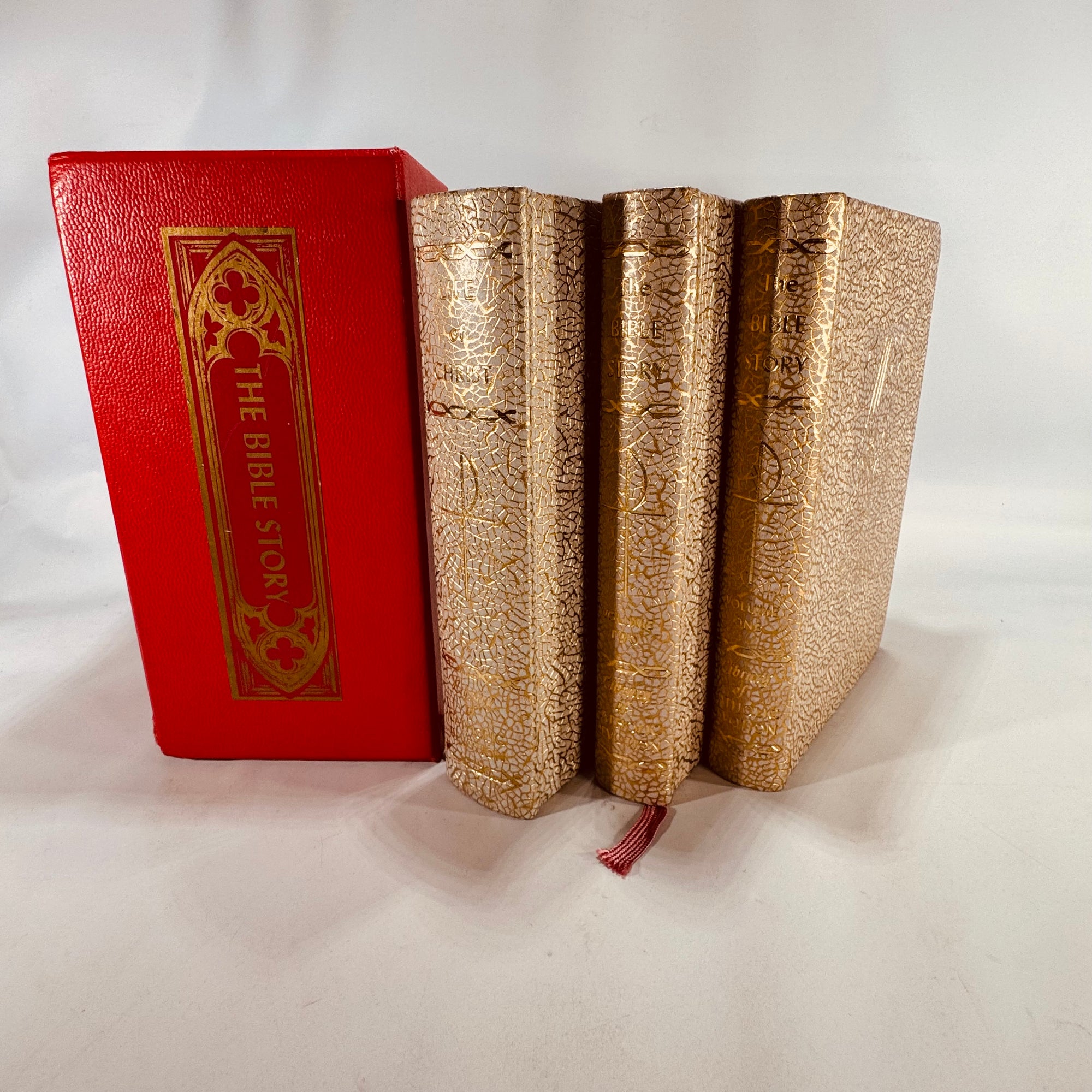 1950s The Bible Story & Life of Christ | 3-Volume Catholic Press Devotional Set in Gold and Red Slipcase