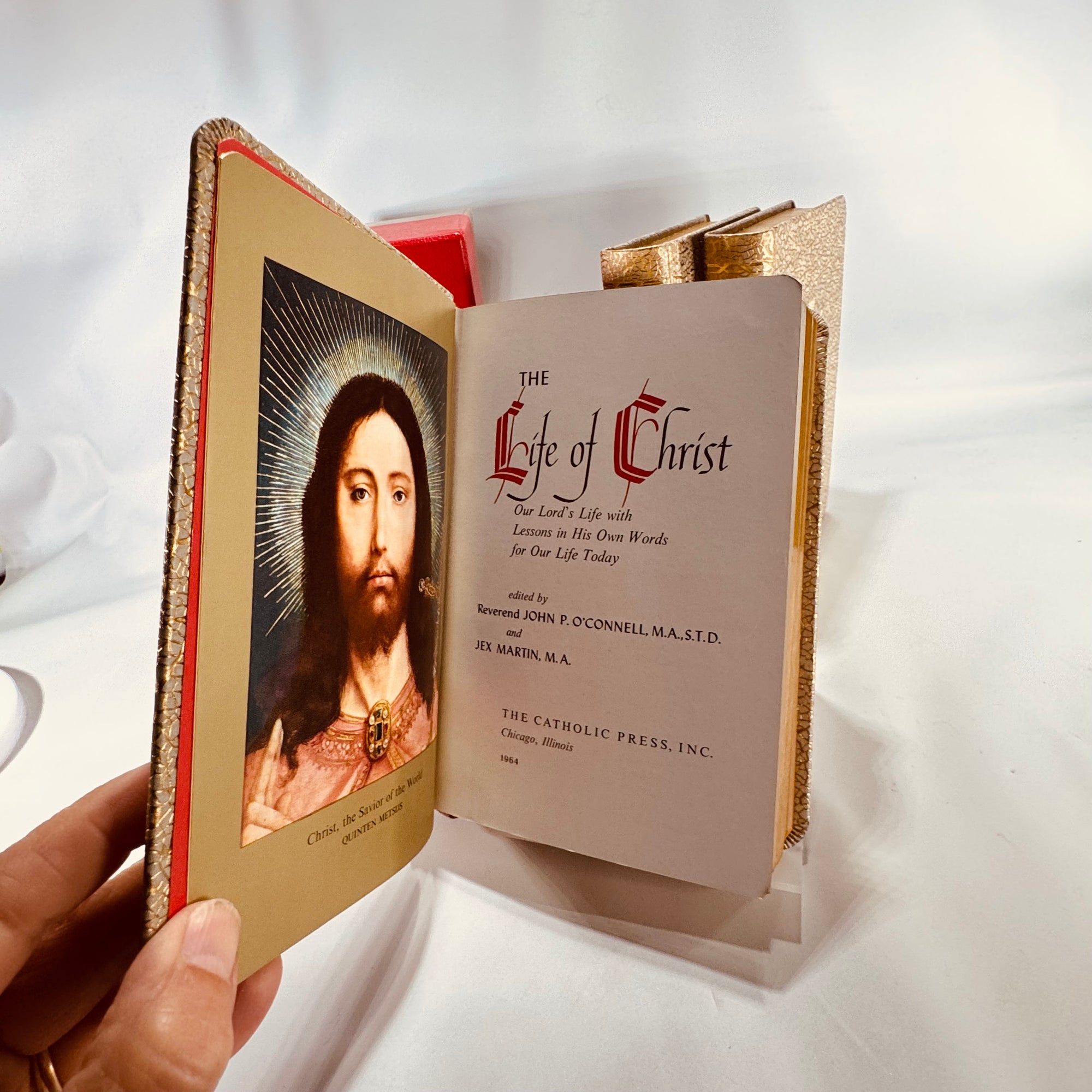 1950s The Bible Story & Life of Christ | 3-Volume Catholic Press Devotional Set in Gold and Red Slipcase