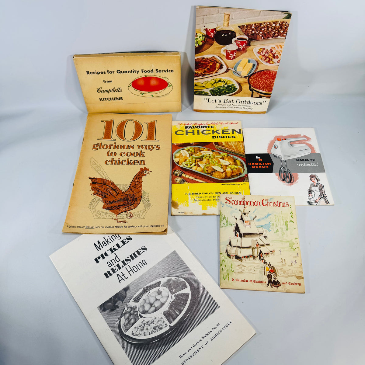 Vintage Culinary Ephemera — 7-Piece Mid-Century Recipe Pamphlet Bundle (c.1950s–1970s) — Campbell’s, Wesson “101 Ways to Cook Chicken,” Hamilton Beach | Illustrated, Culinary History