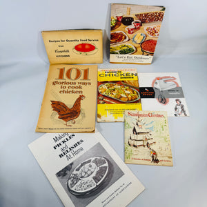 Vintage Culinary Ephemera — 7-Piece Mid-Century Recipe Pamphlet Bundle (c.1950s–1970s) — Campbell’s, Wesson “101 Ways to Cook Chicken,” Hamilton Beach | Illustrated, Culinary History