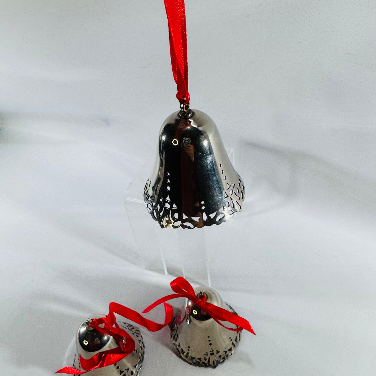 Vintage Silver Metal Bell Ornaments Set of 3 Red Ribbon Christmas Decor