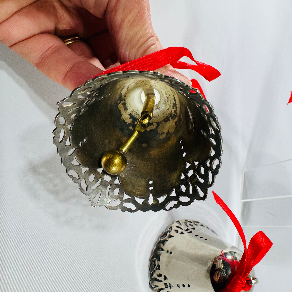 Vintage Silver Metal Bell Ornaments Set of 3 Red Ribbon Christmas Decor