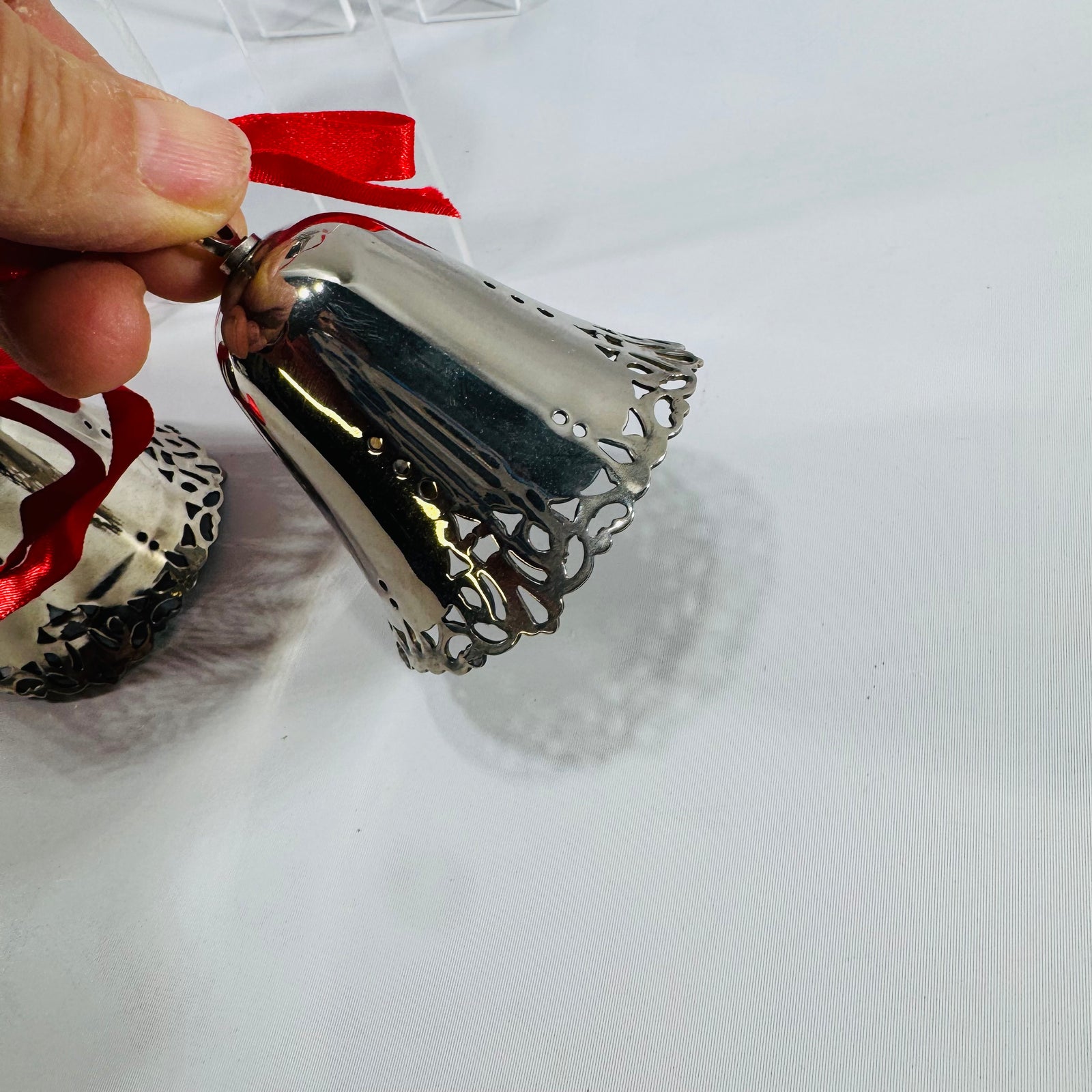 Vintage Silver Metal Bell Ornaments Set of 3 Red Ribbon Christmas Decor