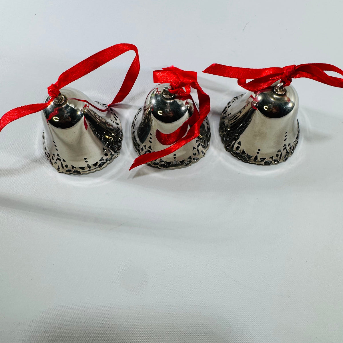 Vintage Silver Metal Bell Ornaments Set of 3 Red Ribbon Christmas Decor