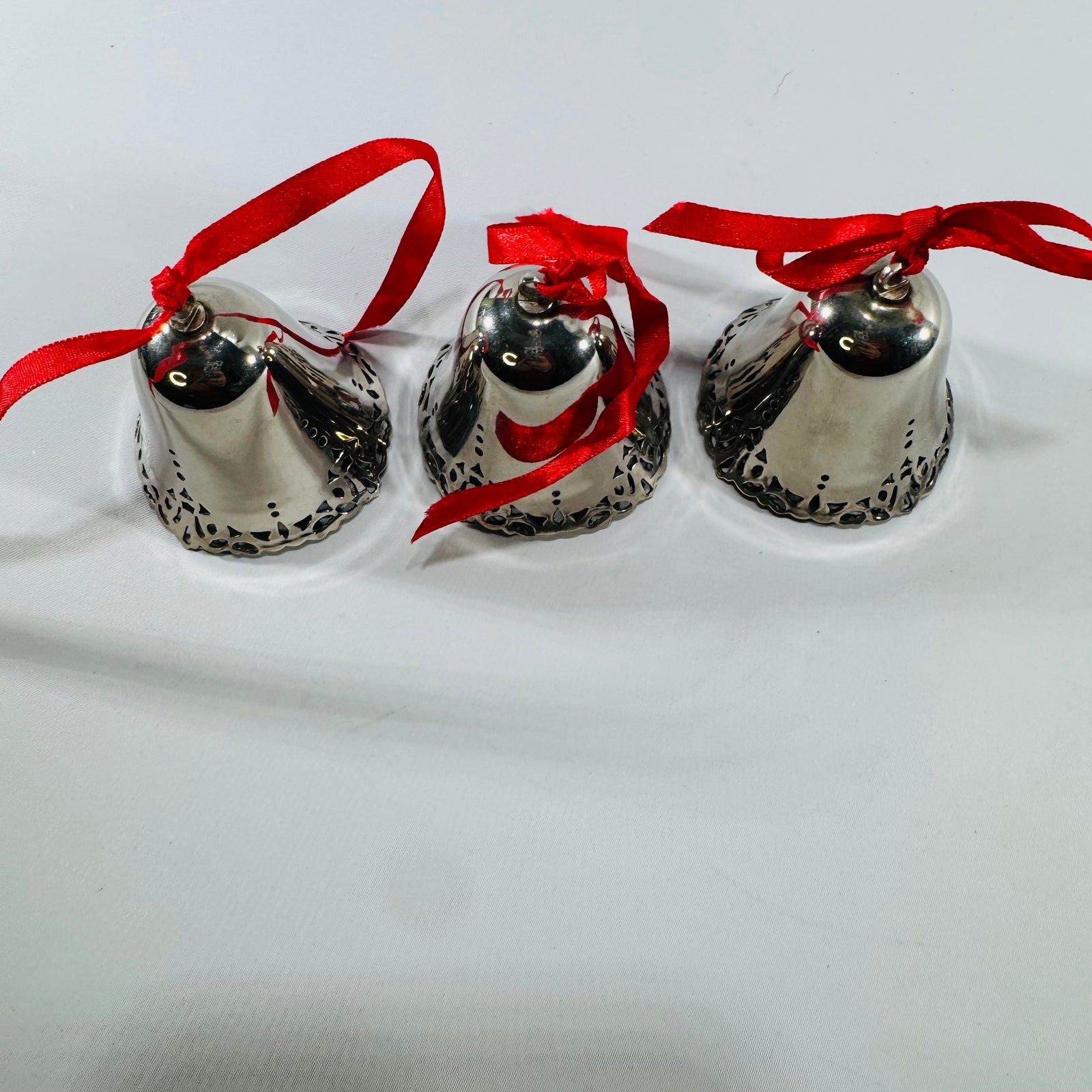 Vintage Silver Metal Bell Ornaments Set of 3 Red Ribbon Christmas Decor