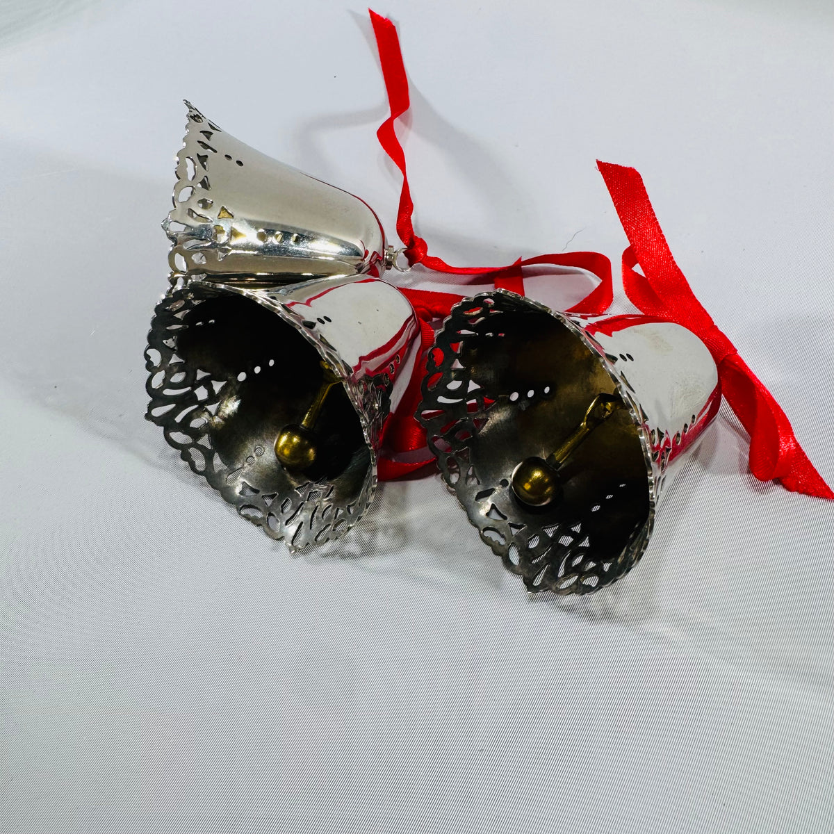 Vintage Silver Metal Bell Ornaments Set of 3 Red Ribbon Christmas Decor