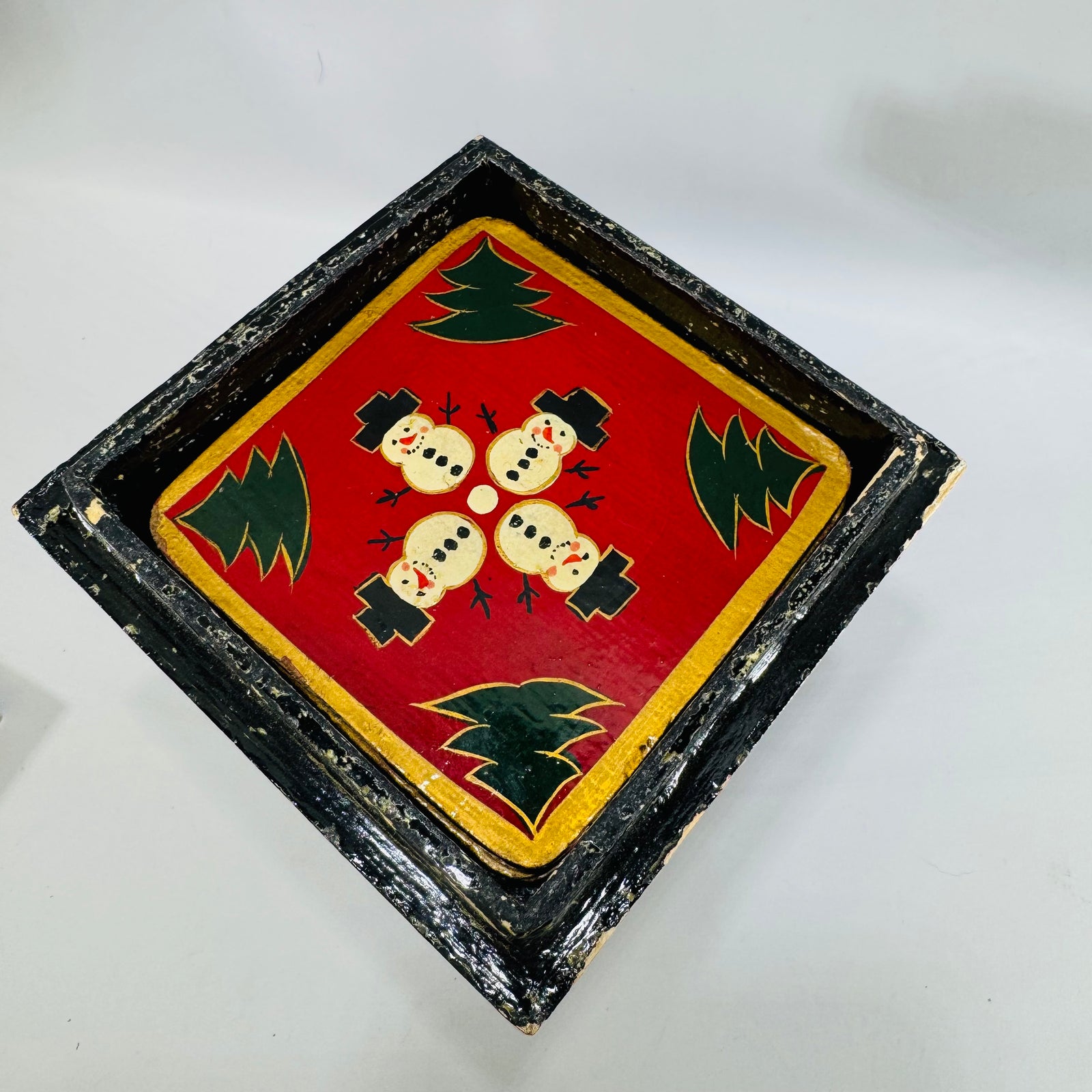 Vintage Oreside Wooden Snowman Coaster Set in Painted Christmas Box