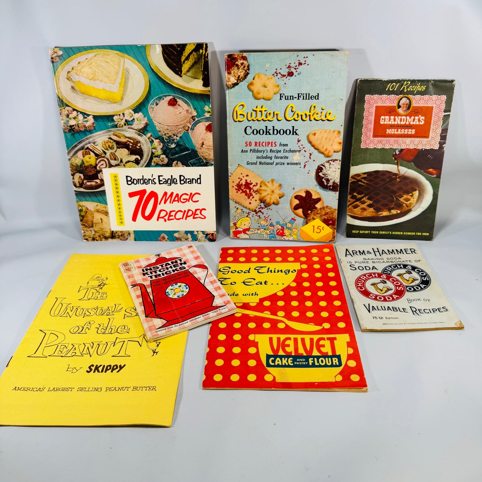 Vintage Culinary Ephemera — 7 Recipe Pamphlets Bundle (c.1950s–60s) — Borden, Pillsbury, Arm & Hammer | Mid-Century Ads, Cookbook & Culinary Ephemera