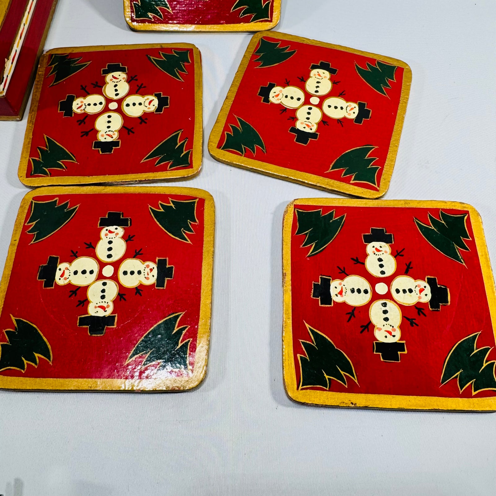 Vintage Oreside Wooden Snowman Coaster Set in Painted Christmas Box