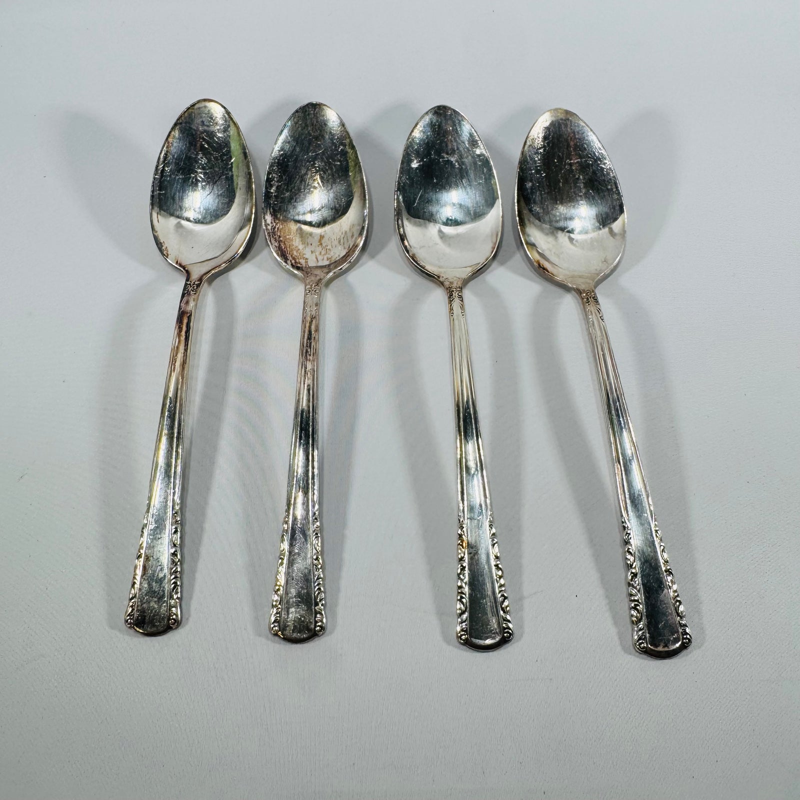 Vintage Holmes & Edwards May Queen Silverplate Spoons Set of 4, Inlaid IS, 7 Inch Floral Flatware