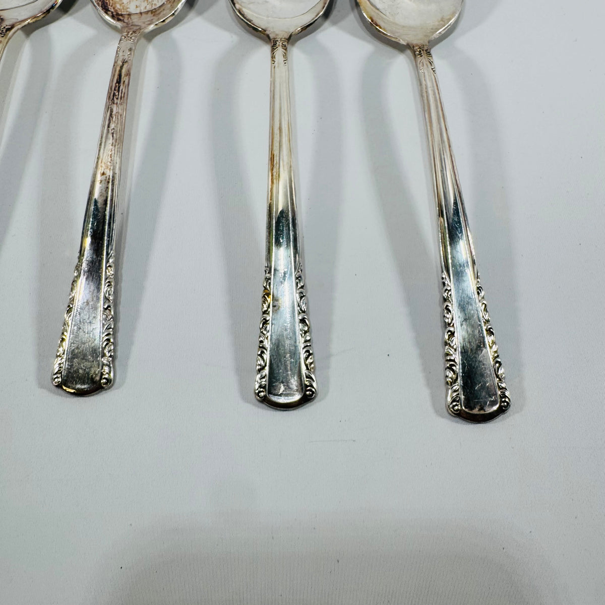 Vintage Holmes & Edwards May Queen Silverplate Spoons Set of 4, Inlaid IS, 7 Inch Floral Flatware
