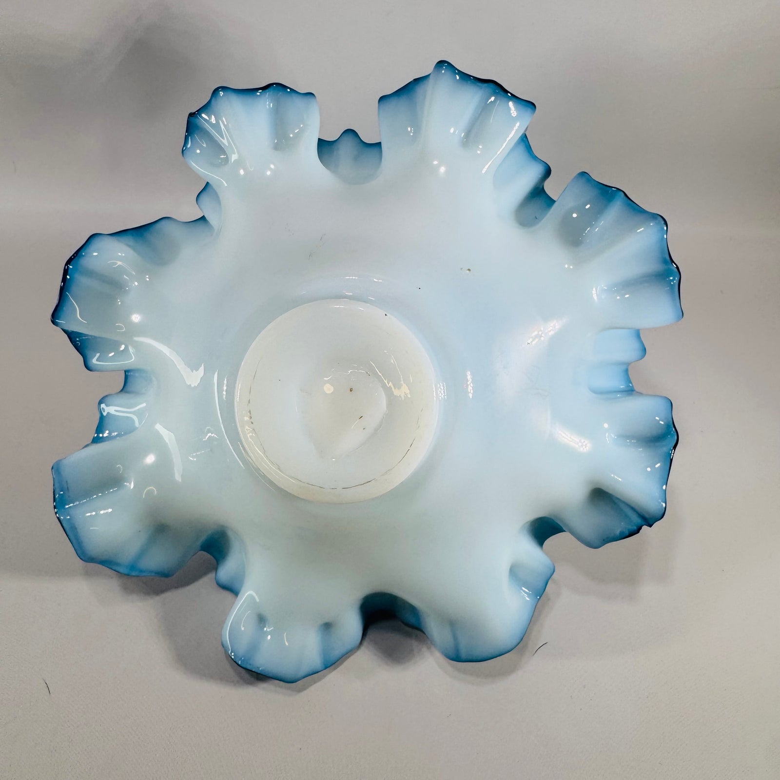 Vintage Fenton Blue Opalescent Ruffled Bowl Bride’s Bowl Art Glass Decor
