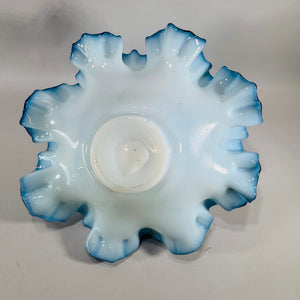 Vintage Fenton Blue Opalescent Ruffled Bowl Bride’s Bowl Art Glass Decor