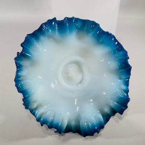 Vintage Fenton Blue Opalescent Ruffled Bowl Bride’s Bowl Art Glass Decor