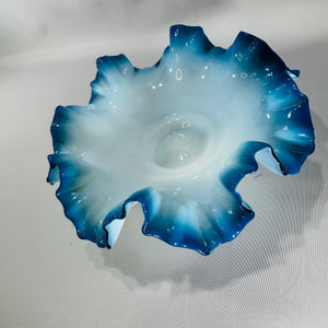 Vintage Fenton Blue Opalescent Ruffled Bowl Bride’s Bowl Art Glass Decor