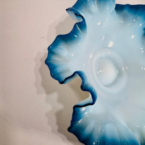 Vintage Fenton Blue Opalescent Ruffled Bowl Bride’s Bowl Art Glass Decor