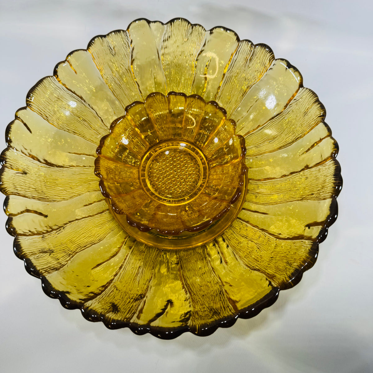 Vintage Anchor Hocking Amber Sunflower Bowls Honey Gold Glass Set