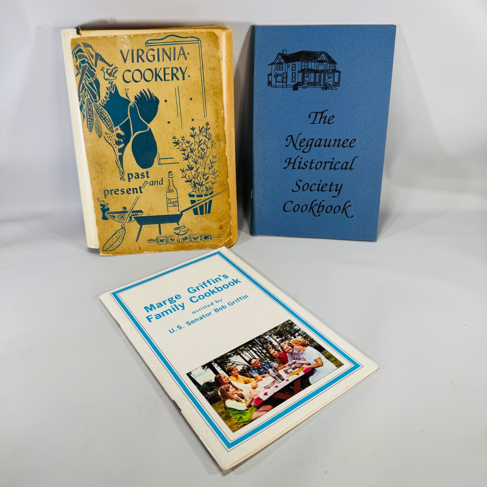 Vintage Community & Regional Cookbooks — Virginia Cookery (1957) + Negaunee Historical Society Cookbook (1994) + Marge Griffin’s Family Cookbook | Annotated Set, 3 Books