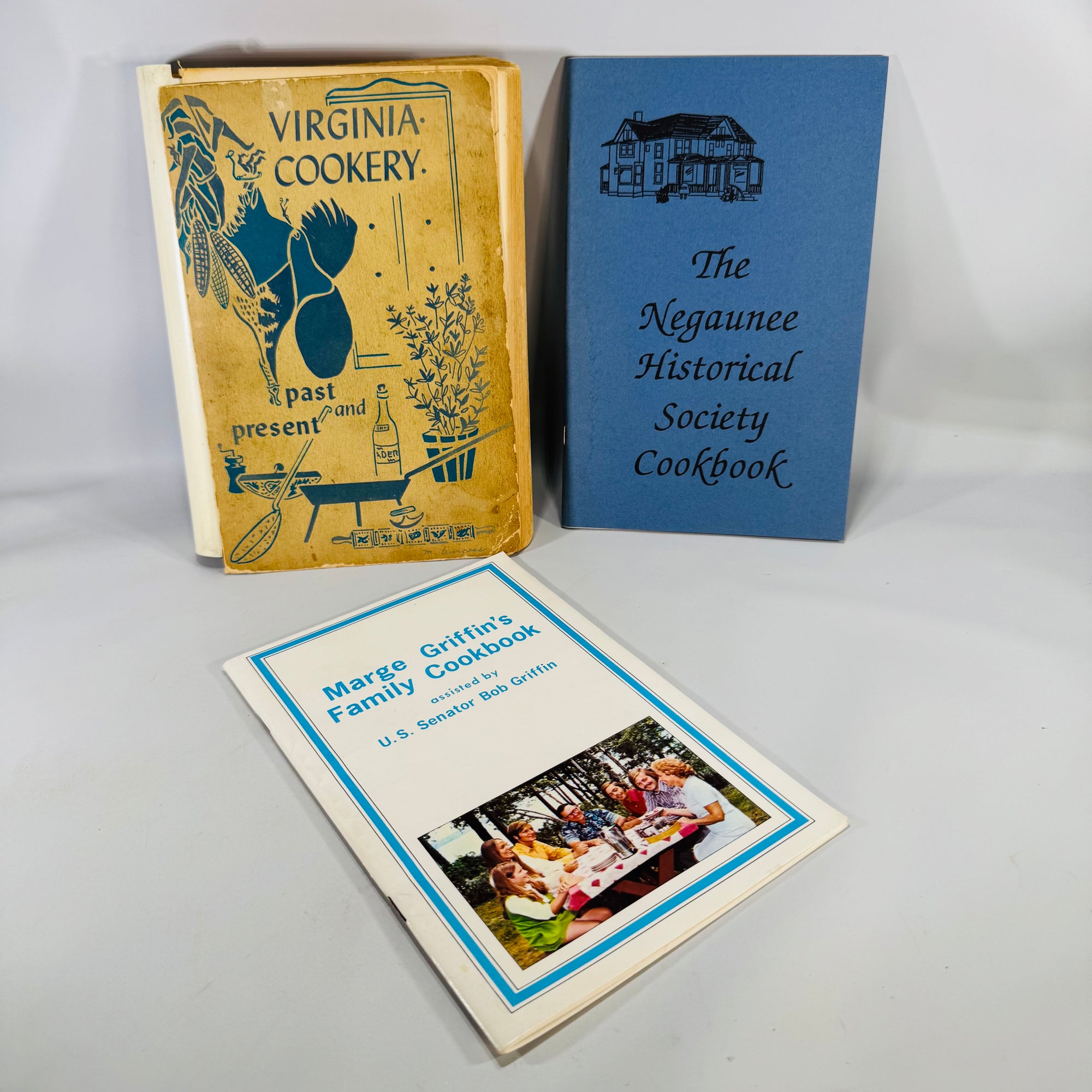 Vintage Community & Regional Cookbooks — Virginia Cookery (1957) + Negaunee Historical Society Cookbook (1994) + Marge Griffin’s Family Cookbook | Annotated Set, 3 Books
