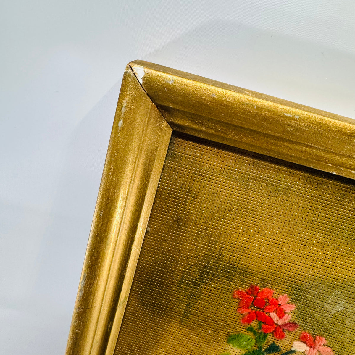 Vintage Punched Paper Embroidery Framed Floral Needlework Wall Art