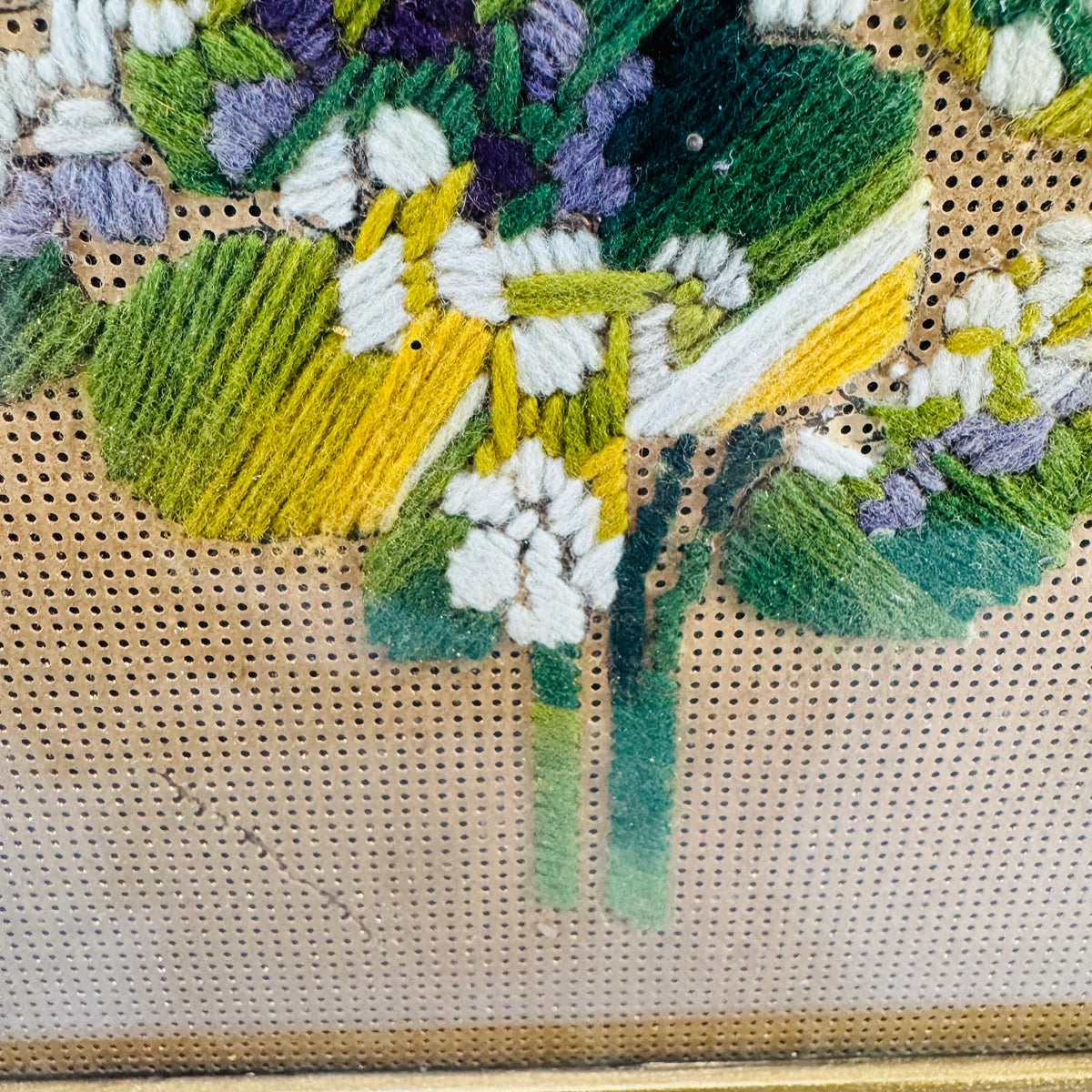 Vintage Punched Paper Embroidery Framed Floral Needlework Wall Art