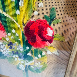 Vintage Punched Paper Embroidery Framed Floral Needlework Wall Art