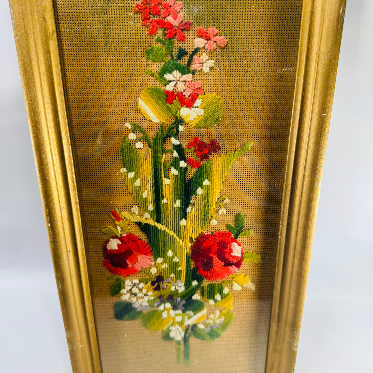 Vintage Punched Paper Embroidery Framed Floral Needlework Wall Art