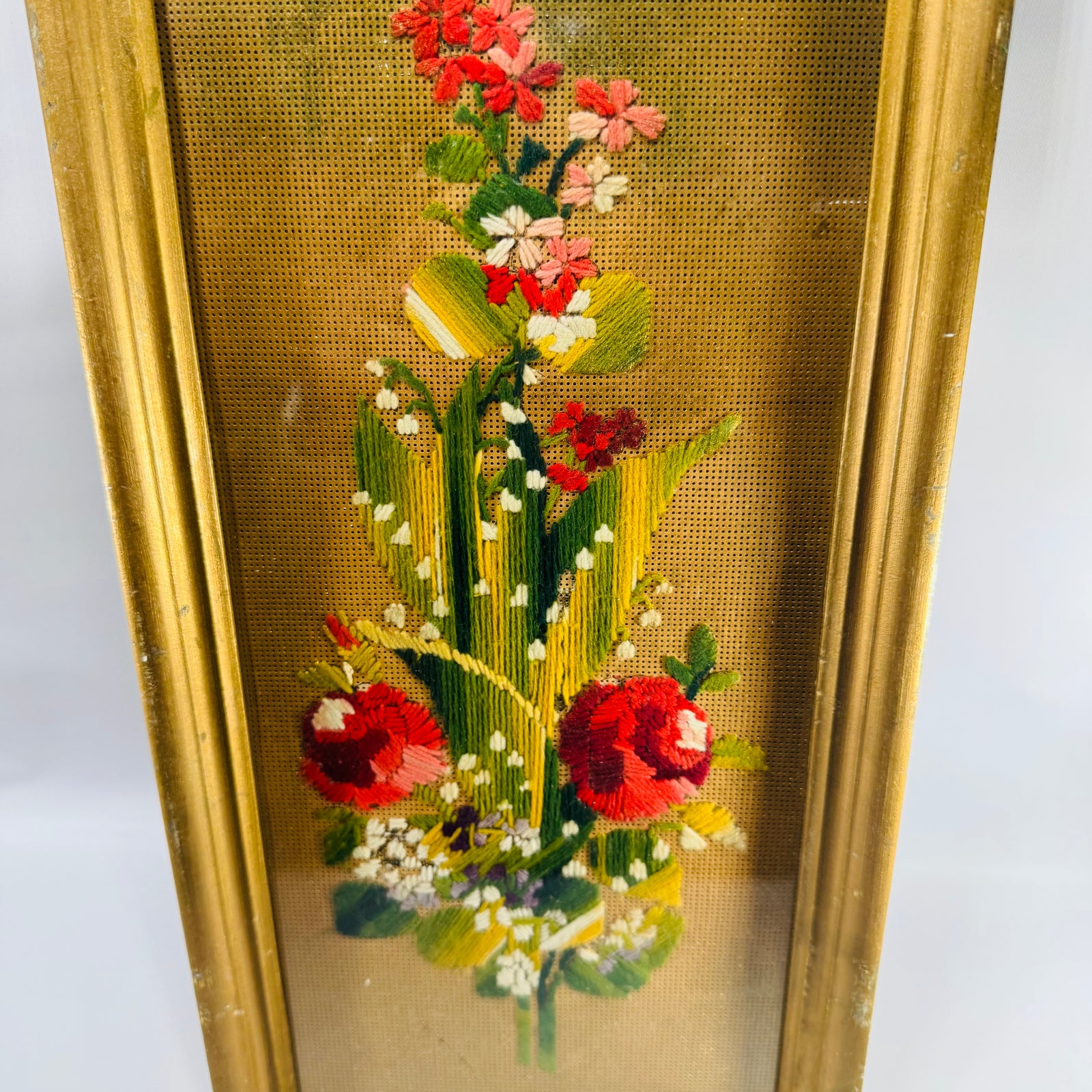 Vintage Punched Paper Embroidery Framed Floral Needlework Wall Art
