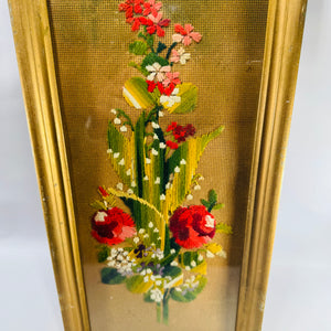 Vintage Punched Paper Embroidery Framed Floral Needlework Wall Art