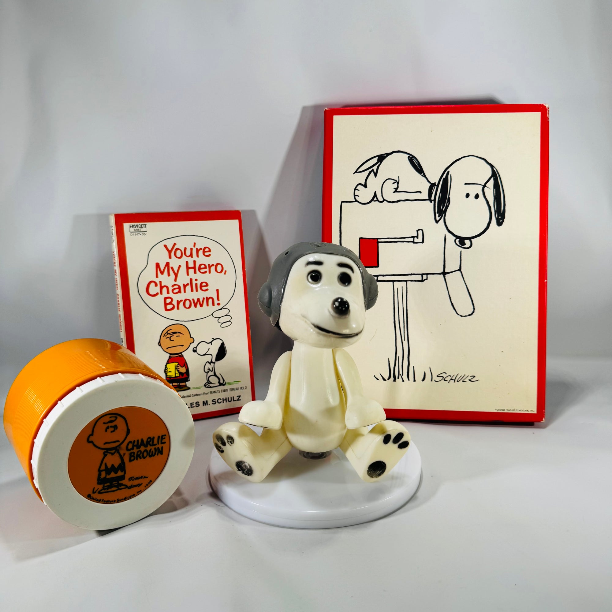 Snoopy & Charlie Brown Vintage Fan Bundle (1960s–70s) – 1969 Thermos, 1969 Hong Kong Snoopy Toy, 1961 Paperback & Hallmark Stationery Giftable Set