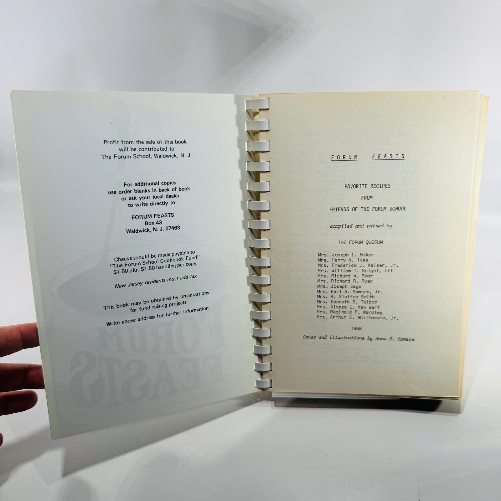 Forum Feasts Cookbook 1968 Forum School Waldwick NJ Plastic Comb Community Recipe Book