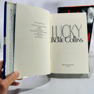 Jackie Collins 1980s Women’s Fiction Bundle — Lucky & Hollywood Husbands (1985–1986) — Simon & Schuster | Vintage Glam Fiction, Romance