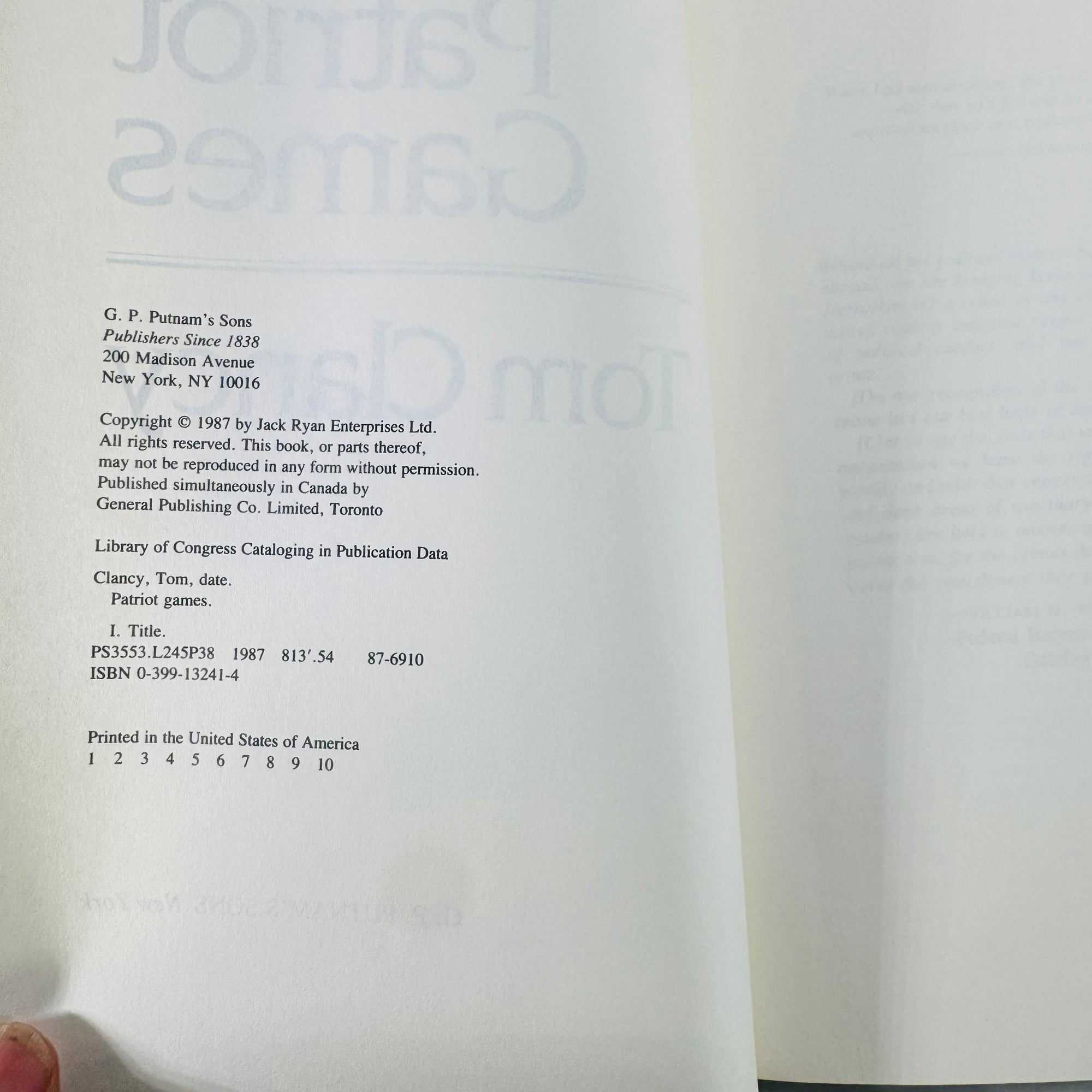 Tom Clancy Thriller Classic — Patriot Games (1987) — G.P. Putnam’s Sons | Hardcover, Fiction