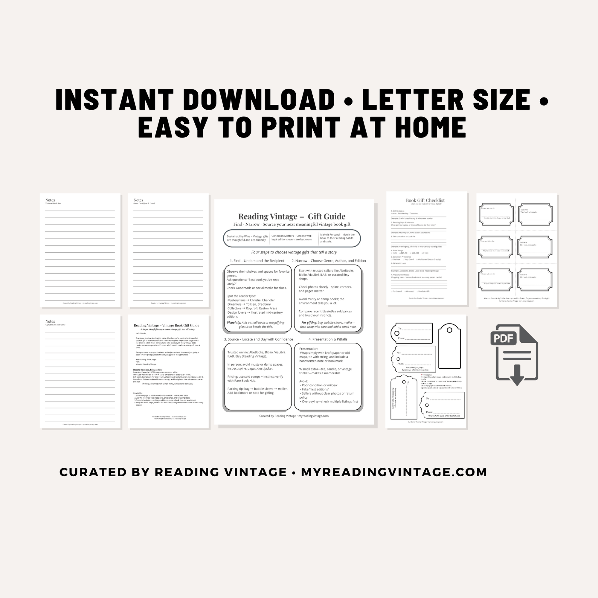 Vintage Book Gift Guide – Printable Tags, Bookplates & Checklist (Digital Download)
