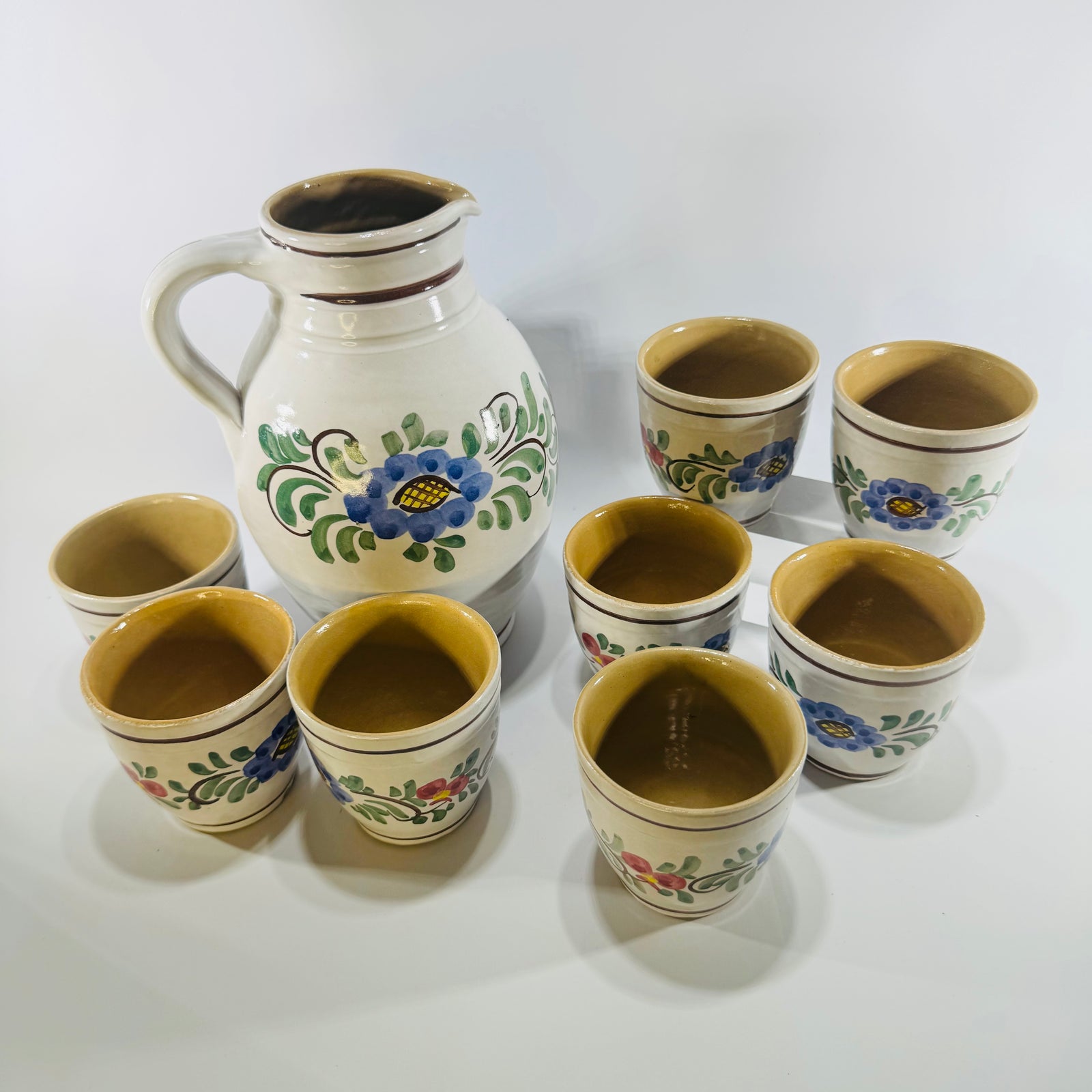 J. Graf Stoob Pitcher Set Austria Hand Painted Floral Pottery 9 Piece Folk Art