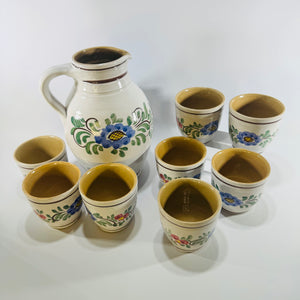 J. Graf Stoob Pitcher Set Austria Hand Painted Floral Pottery 9 Piece Folk Art