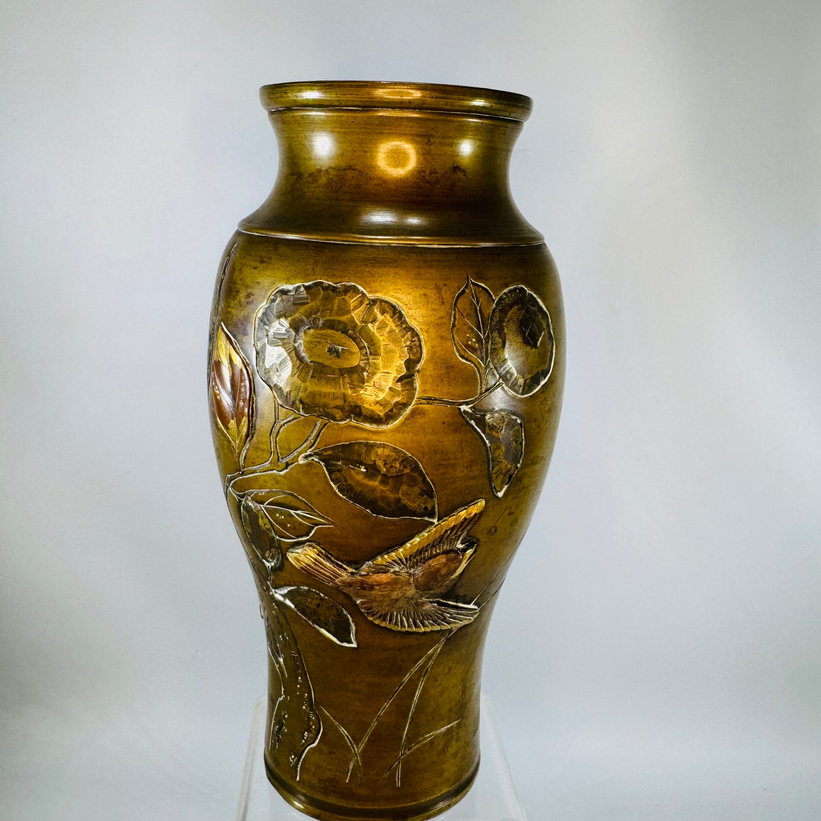 Antique Meiji Japanese Mixed Metal Bronze Vase Bird Floral Relief 7” Kacho-ga Art Metal Vase
