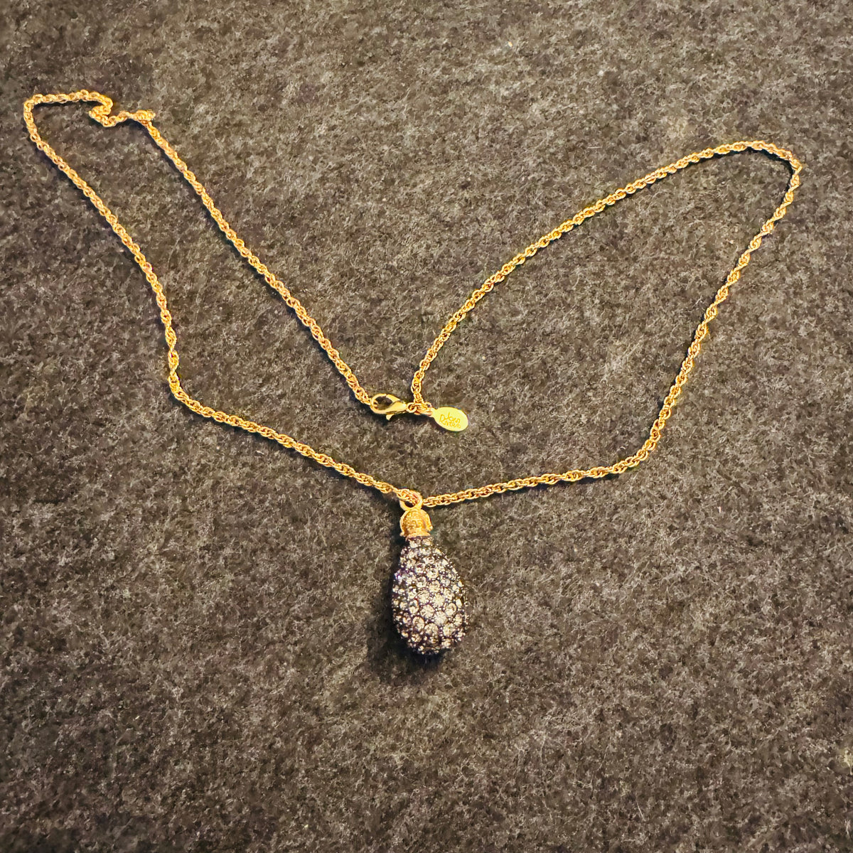 Vintage Joan Rivers Caviar Egg Necklace Black Swarovski Crystal Pavé Pendant 28” Gold Tone Rope Chain Signed Tag